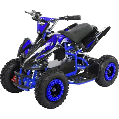A blue and black electric quad bike for children, shown from a three-quarter front angle against a white background.