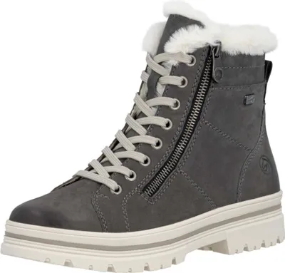 A single gray boot with white fur lining and a white sole is shown against a white background.