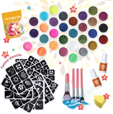 Obrázok produktu pre Sada na trblietavé tetovanie Bledras, 30 farieb trblietavého tetovania, 145 šablón, trblietavé tetovanie pre deti, dievčatá, chlapcov a dospelých, DIY tetovanie na telo