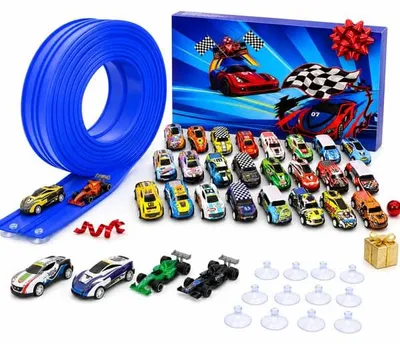 Produktbild von 5 m Doppelrennbahn-Set mit 24 Minifahrzeugen und 4 Sportwagen – TURBOBLUECALENDAR