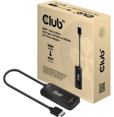 Produktbild von CLUB3D HDMI + Micro USB to USB Type-C 4K120Hz or 8K30Hz M/F Active Adapter, 1 m, HDMI + USB, USB Typ-C, Stecker, Buchse, Gerade