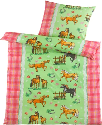 Produktbild von Kinder Jugend Motiv Bettwäsche, 135 x 200 + 80x80 cm, Microfaser, grün-rotrose, Ponys+Pferde
