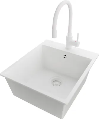Produktbild von PRIMAGRAN Granitspüle Alles Weiß 43x50cm, Spülbecken 1 Becken + Küchenarmatur 38x14cm + Ablauf-Set, Küchenspüle ab 45er Unterschrank - Riga