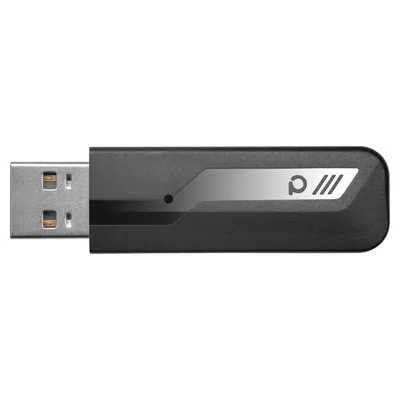 A black USB device with a silver accent and a logo.