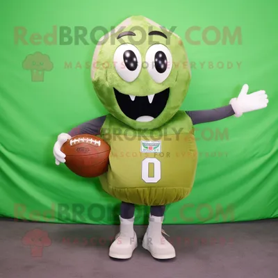 Produktbild von Maskottchen REDBROKOLY Kostüm mit olivgrünem American-Football-Helm bekleidet mit einem Maxirock und Messenger-Taschen