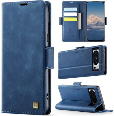 Image de Étui en cuir pour Google Pixel 8 Pro, protection RFID, fermeture magnétique, fentes pour cartes et support Bleu