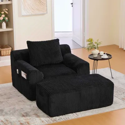 Immagine prodotto di okwish Poltrona relax con poggiapiedi, Poltrona imbottita senza struttura, Poltrona da lettura senza montaggio, Poltrona relax con tasche laterali e cuscini, Nero