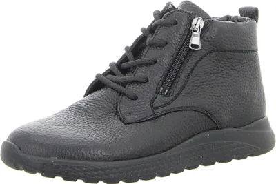 A black leather boot is shown against a white background.
