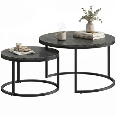 Productafbeelding van Moderne salontafelset van 2, stapelbare bijzettafels met metalen frame voor woonkamer, slaapkamer, kantoor, zwart