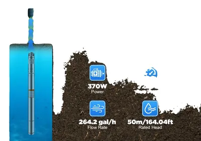 Produktbild von Tauchbrunnenpumpe, 370W, maximale Fördermenge 1000 L/h, Spannung 220V, Nennleistung 0,37 kW, Schutzart IP65
