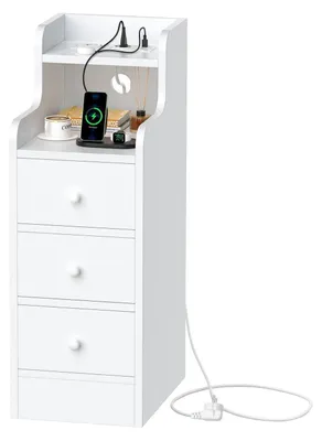 Produktbild von Nachttisch Schmal Weiß mit Ladefunktion 25x70x35 cm 3 Schubladen 1 Offenes Fach