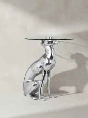 Windhund Skulptur Deko Beistelltisch_ Aluminium/Glas - Handgefertigt_ Einzigartig - KADIMA DESIGN_Größe_ 40x40x50 cm_#sku_BARWL1.628#