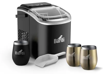 Produktbild von Bardi Deluxe Eiswürfelmaschine, 1,2 Liter, Schwarz – 12 kg Eiswürfel in 24 Stunden – mit Eisschaufel – inklusive 3 Luxus-Thermosbechern und Eisschaufel – Gold