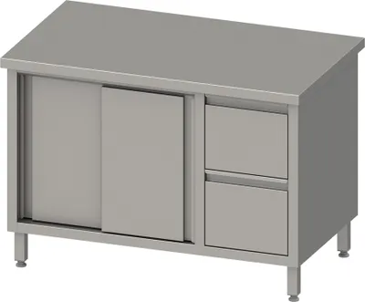 Produktbild von Arbeitsschrank mit Schiebetüren, 1500x600x850 mm, mit 2er Schubladenblock rechts, ohne Aufkantung, verschweißt
