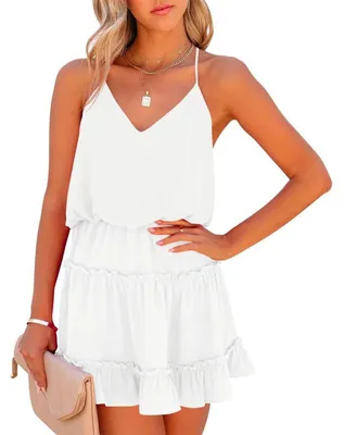 Produktbild von Minikleid für Damen, V-Ausschnitt, ärmellos, mit Rüschen und Spaghettiträgern