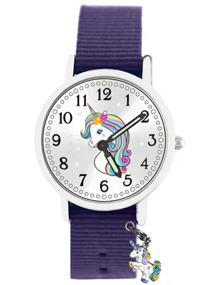 Produktbild von Kinder Armbanduhr Mädchen Einhorn Schmuckset leuchtet im dunkeln wasserdicht Armband violett 922