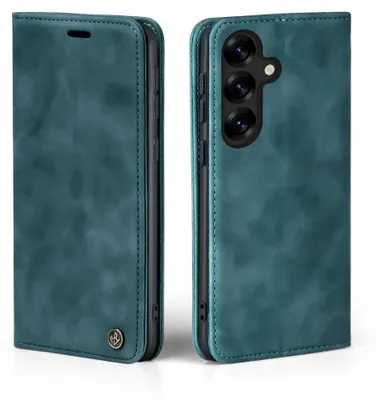 A teal flip case for a smartphone is shown from two angles.