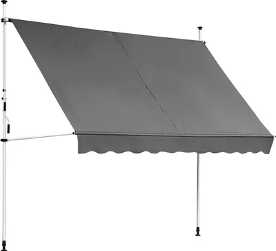 A gray awning extended from poles, set against a white background.