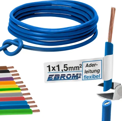 Produktbild von Aderleitung Verdrahtungsleitung - Einzelader flexibel 1,5 mm2 - PVC Leitung - H07V-K 1,5 mm² - Farbe: dunkelblau - viele Längen in 5 Meter-Schritten lieferbar, Ihre Länge: nach Auswahl