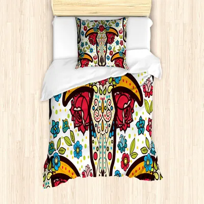 Produktbild von ABAKUHAUS Ethnisch Bettbezug Set, Mexikanischer Folkloric blühen Ziertierzuckerschädel mit Blumen Bohemian, 135 x 200 cm + 80 x 80 cm, Mehrfarbig