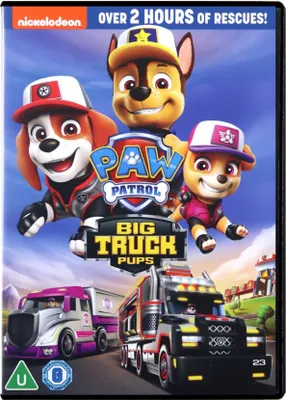 The image is a DVD cover for Paw Patrol: Big Truck Pups, featuring animated characters and trucks against a sky background.
