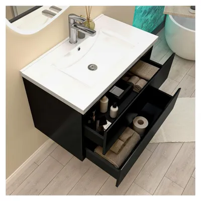 Produktbild von 80 cm Badezimmer Waschtisch mit Unterschrank und Keramik-Waschbecken in Schwarz Hochglanz
