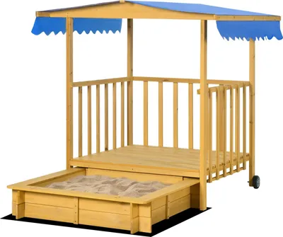 Zdjęcie produktu dla Słoneczna Piaskownica Z Dachem, Drewniana Piaskownica Z Domkiem Do Zabawy, Na Kółkach, Dla 3-8 Lat, 133X129X137,5Cm, Ogrodowa, Naturalna