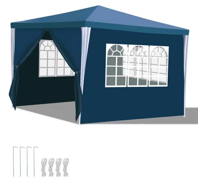 Produktbild von Ikodm 3 x 3 m Garten Pavillon mit 4 Seitenteilen tragbares wasserdichtes Zelt mit Spiralschläuchen, Blau