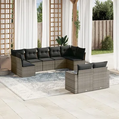 Produktbild von Design 9-tlg. Garten-Sofagarnitur mit Kissen Grau Poly Rattan, Gartenmöbel-Sets 2024 Neu