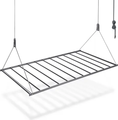 A ceiling-mounted clothes drying rack is shown against a white background.