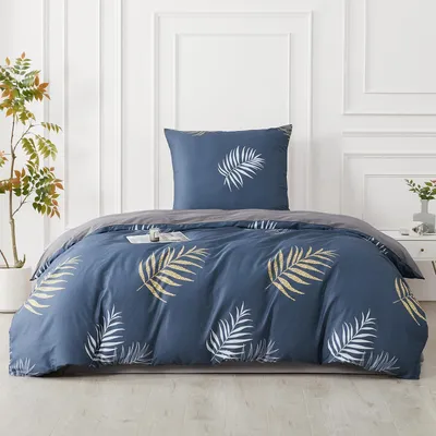 Productafbeelding van Bettenset, 155x220 cm, blauw, katoen, 2-delig, met plantenmotief