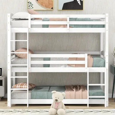 Image de MODFU Lit Superposé Triple 90x200 cm - Lit Simple avec Barrière de Sécurité, Bois de Pin et MDF, Sans Matelas, Gris