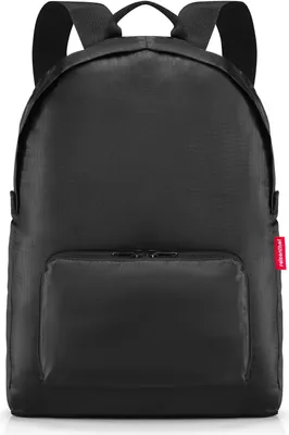 A black backpack is shown against a white background.