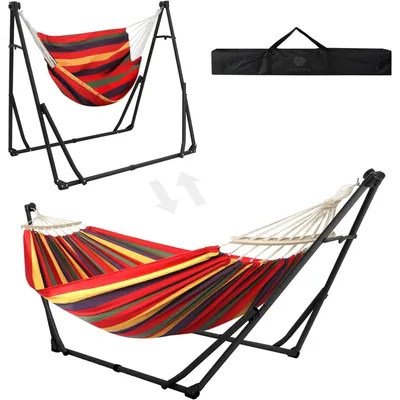Produktbild von Hängematte und Hängesessel mit klappbarem Gestell, 2-in-1 Set, Schwarz/Rot
