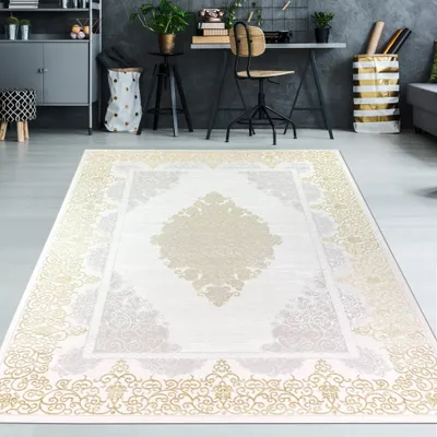 Produktbild von Designer Teppich mit Orientalischem Muster in weiß gold grau Größe - 140 x 200 cm