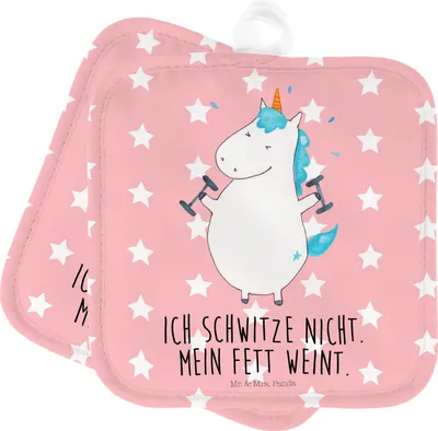 Produktbild von Mr. & Mrs. Panda Topflappen Einhorn Fitness - Rot Pastell - Geschenk, Unicorn, Kochlappen, Abnehmen, Fitnessstudio, Topflappenset, Topfuntersetzer, Einhörner, topfhalter