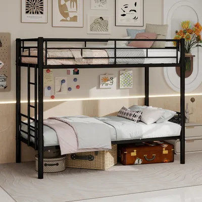 Immagine prodotto di Letto a castello 90 x 190 cm, struttura in metallo nera, con scaletta e ringhiera di sicurezza, capacità di carico di 200 kg, trasformabile in due letti singoli