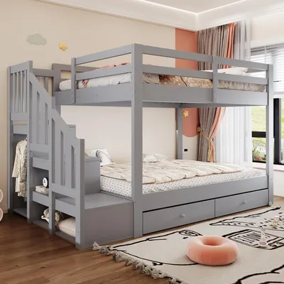 Image de Lit superposé 140 x 200 cm, lit pour enfant avec échelle de rangement, barre de penderie, barrière de sécurité et 2 tiroirs, sommier à lattes, lit double, en bois, couleur grise