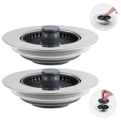 Immagine prodotto di Tappi universali per lavelli, 3-in-1, setaccio per scarico, 2 pezzi, per fori da 75-82 mm, in acciaio inossidabile e ABS