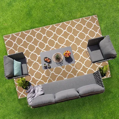 Produktbild von LifeGoods Outdoor Teppich - 183x290CM - Außenteppich - Gartenteppich - Wendbar - Inkl. Tragetasche - Mit Muster - Beige/Weiß