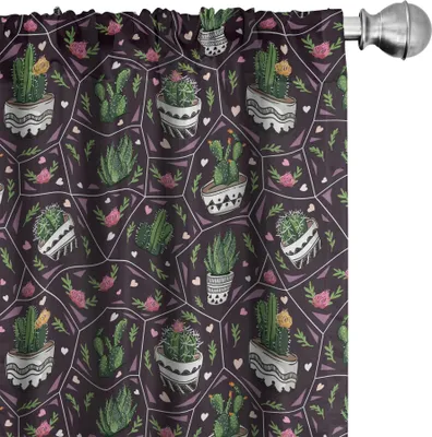 Image de ABAKUHAUS Rideaux Cactus, rideaux, motif géométrique avec plantes succulentes en fleurs Plantes exotiques dans des pots de fleurs et des cœurs, 2 pièces 75 x 225 cm, multicolore