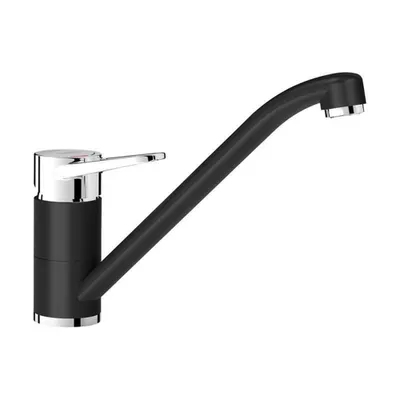 A studio shot of a black kitchen faucet on a white background.