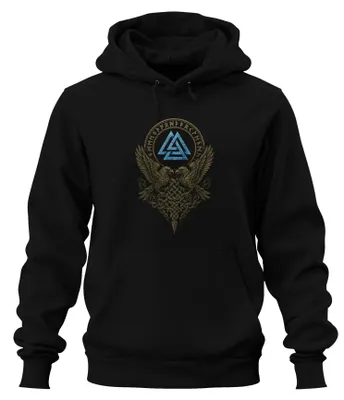 Productafbeelding van Wotansknoten runenring met raven en Keltisch knoopmotief, uni hoodie, zwart, maat M