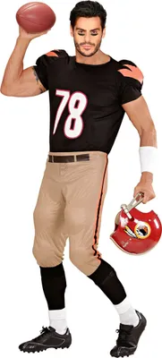 A man dressed in a football costume holding a football and a helmet.
