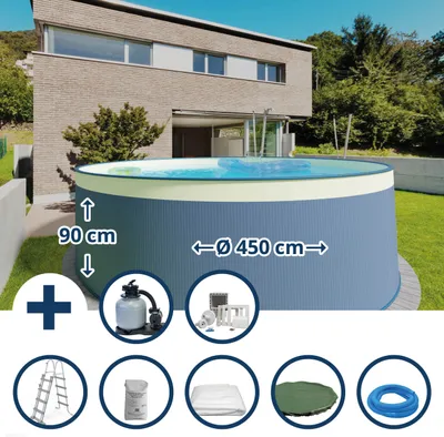 Produktbild von Stahlwandpool Set (8-teilig) hoch rund 450 x 90 cm, Stahl 0,3 mm anthrazit Folie 0,2 mm sand