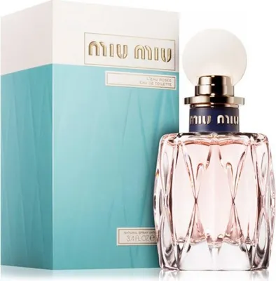 A bottle of Miu Miu L'Eau Rosée Eau de Toilette and its packaging are displayed against a white background.