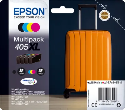The image shows the packaging for Epson multipack ink cartridges, with an orange suitcase in the background.