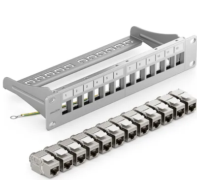 Produktbild von deleyCON 12 Port Patchpanel Set Patchfeld Modular 1 HE 10" Zoll Rackeinbau + 12x RJ45 Keystone Module CAT6a Kompatibel mit CAT5 CAT6 CAT7 LAN Netzwerkkabel Verlegekabel Grau