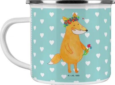 Produktbild von Mr. & Mrs. Panda becher emaille Fuchs Blumen - Türkis Pastell - Geschenk, Mich, Blumenliebe, Teetasse, Liebe, Teebecher, Haferl, Pott, Boho, Tasse, Ich