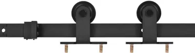 A black metal sliding door hardware set with two rollers and a track, shown against a white background.